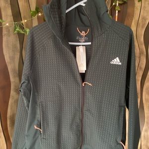 NWT Adidas Softshell Jacket with attached Hood, dark green, size Large